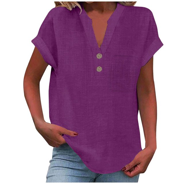 T-Shirts Femmes Plus Mode Décontractée Col en V Boutonné Manches Courtes avec Poches - Hontri