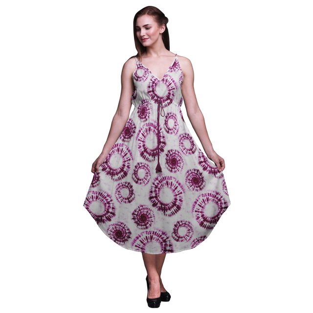 Bimba Robe de Plage Bohème Midi Sans Manches Imprimée Teinture sur Nœuds pour Femmes - Très Grande Taille