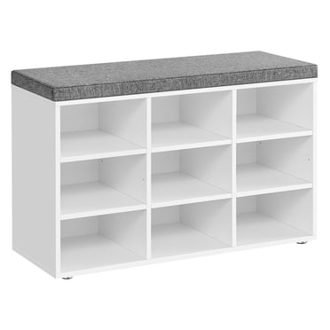 VASAGLE Banc à Chaussures avec Coussin Banc de Rangement avec Siège Rembourré Banc d'Entrée avec 9 Compartiments pour Chambre 11.9 x 30.9 x 18.9 Pouces Blanc Nuage et Gris Dove ULHS009W14