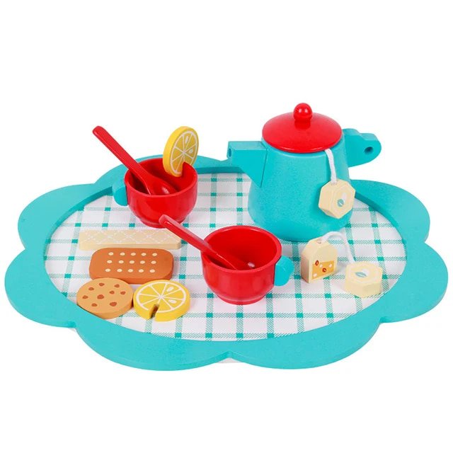 Tea Party Tableware Wooden Handicraft Toy Kitchen Pretend Play Set Cooking Coffee Bread For Toddlers Kids Birthday Gift Favors