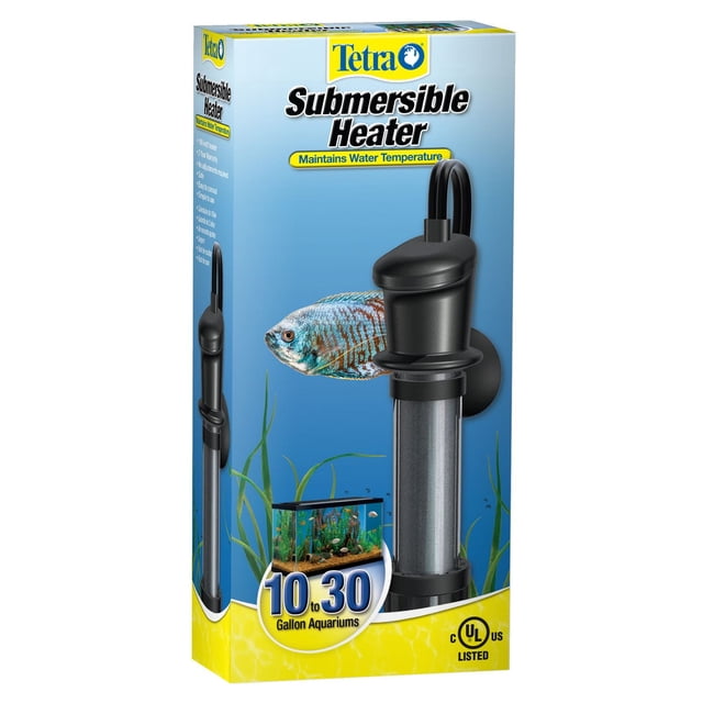 Tetra 100W Submersible Aquarium Heater with black cylindrical body and suction cup mount, designed for 10 to 30 gallon aquariums to maintain stable water temperature for healthy fish.