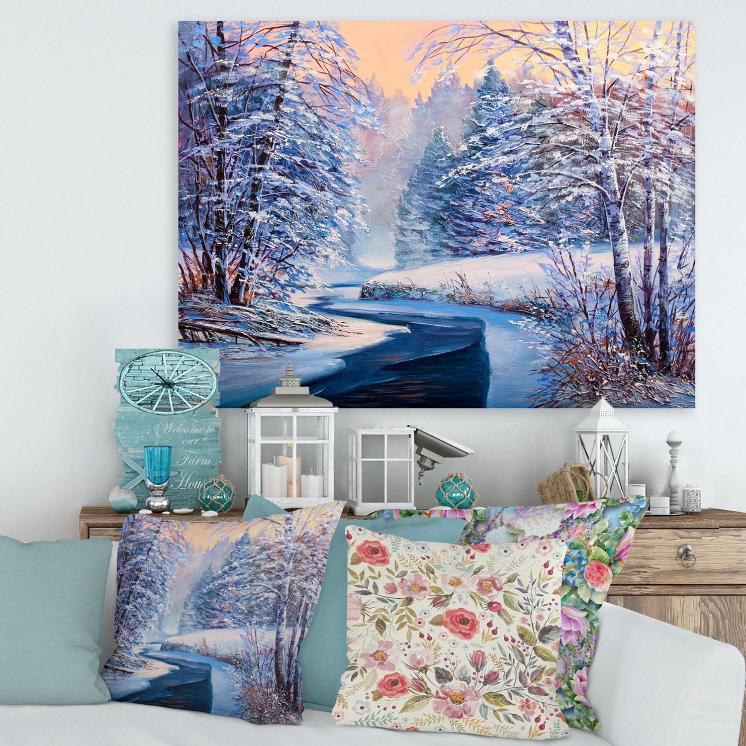 Designart Forêt de Noël pastel avec rivière Art mural sur toile