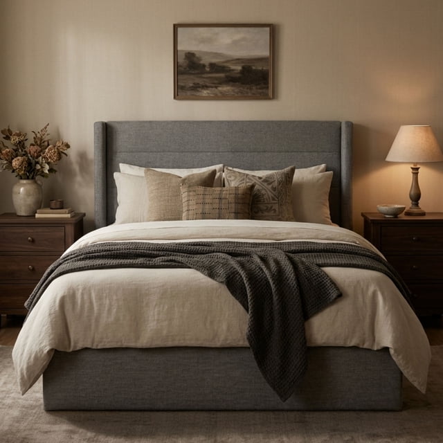 Aykah Cadre de Lit Zir Très Grand Size avec Rangement, Tête de Lit Rembourrée, Cadre de Lit Très Grand Size Moderne en Métal à Oreilles avec Rangement Hydraulique, Sommier Non Requis, Design Moderne (Gris Truffe)