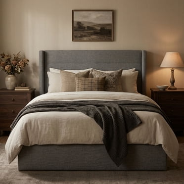 Aykah Zir Double Size Bed Frame with Storage, Upholstered Heaboard, Modern Wingback Metal Double Bed Frame with Hydrualic Storage, No Box Spring Required, Modern Design