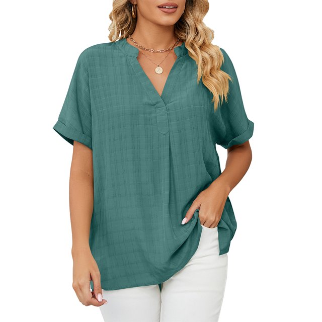 FJUCHAI Womens Shirts V Neck Short Sleeve Buttons Tops Tee Solid Color Blouse Loose Fit S-XXL