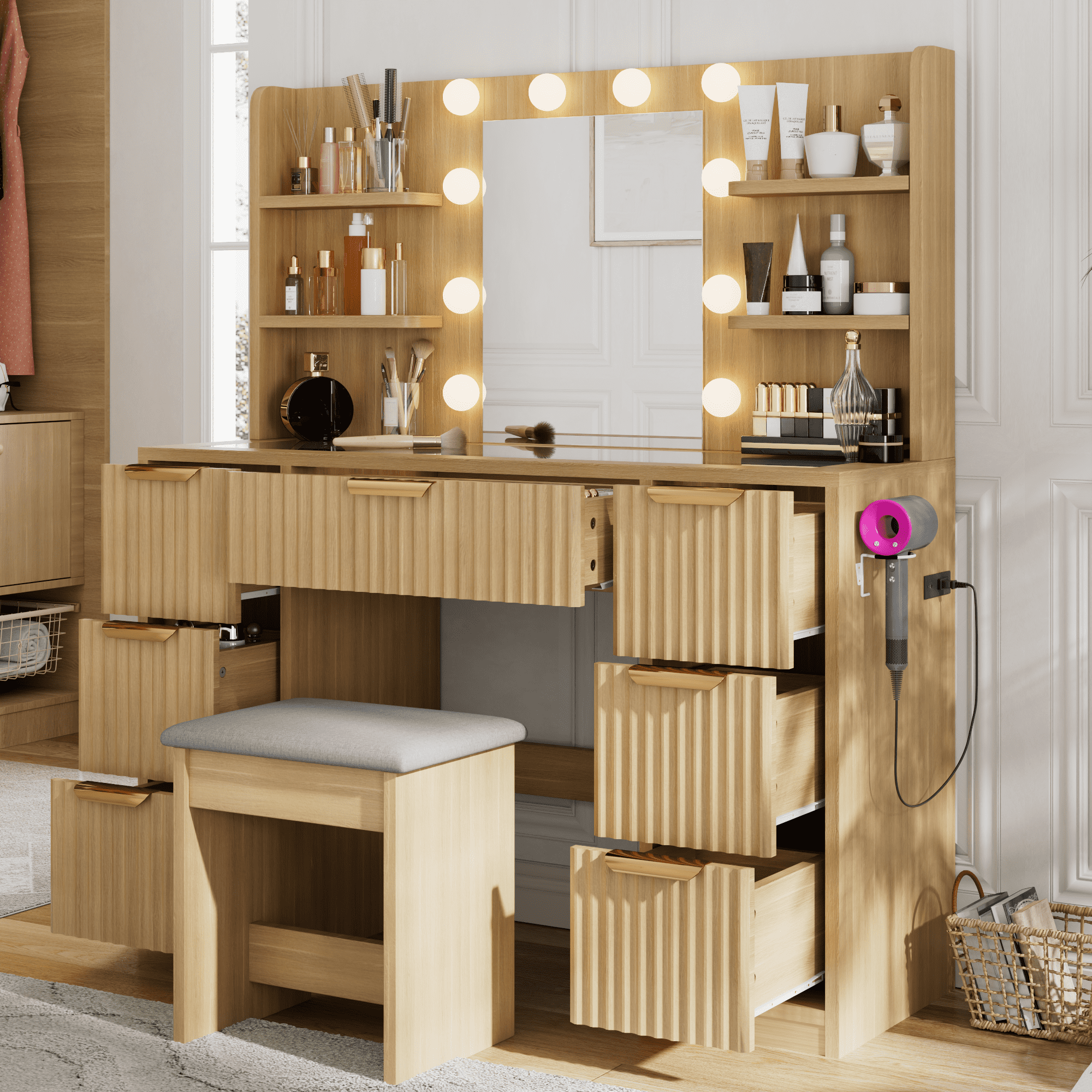 Noble House bureau vanité à 7 tiroirs avec prise de courant et plateau en verre, Design cannelé avec 10 lumières LED miroir et chaise, naturel