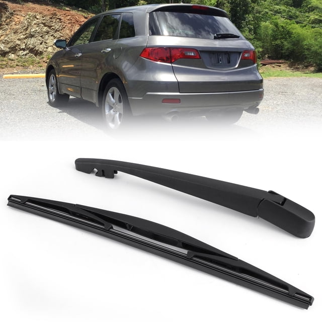 For Honda CRV 2007 2008 2009 2010 2011 14'' Rear Window Wiper Arm & Blade Set. The set includes a black rear wiper arm made of 100% PBT with 30% Pb for durability and a 14.13-inch blade. Designed for Honda CR-V 2007-2011 and compatible with various other models like Acura RDX 2007-2015 and Infiniti EX35 2008-2012. The wiper arm features surface paint treatment for anti-aging and UV resistance. Shown in a close-up view with a vehicle in the background.