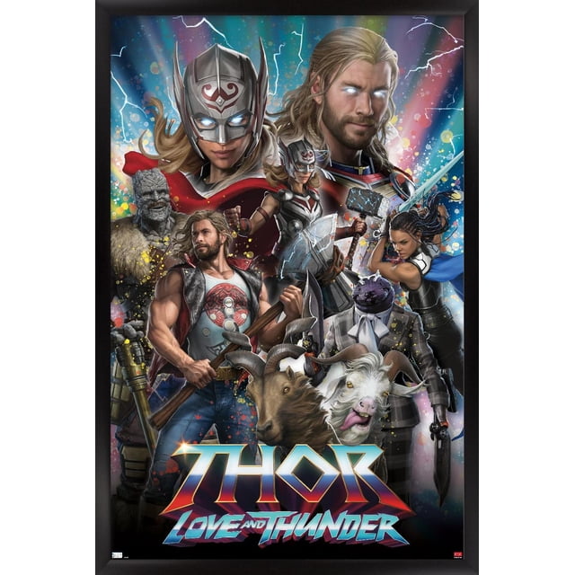 Marvel Thor : Love and Thunder - Affiche Murale Incroyable, 22,375 Po x 34 Po Encadrée Mettant en Vedette Thor en Armure avec une cape Rouge, une Guerrière Tenant un Marteau, un Homme Musclé avec une Hache, une Figurine Convenant avec une Tête de Chèvre et Deux Chèvres à l'Avant, sur un Fond vibrant avec Éclairs et le Titre du Film au Bas, Idéale pour Décorer des Chambres, des Bureaux Ou des Dortoirs.