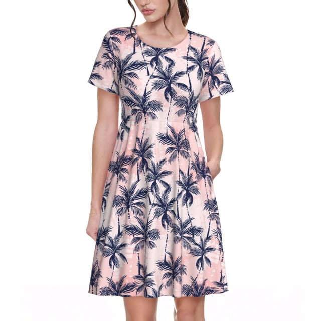 Vsdgher Tropiques Palmiers pour Femmes Été 2025 Décontracté Robes Midi Maxi Légères Manches Courtes Col Rond Robe de Plage
