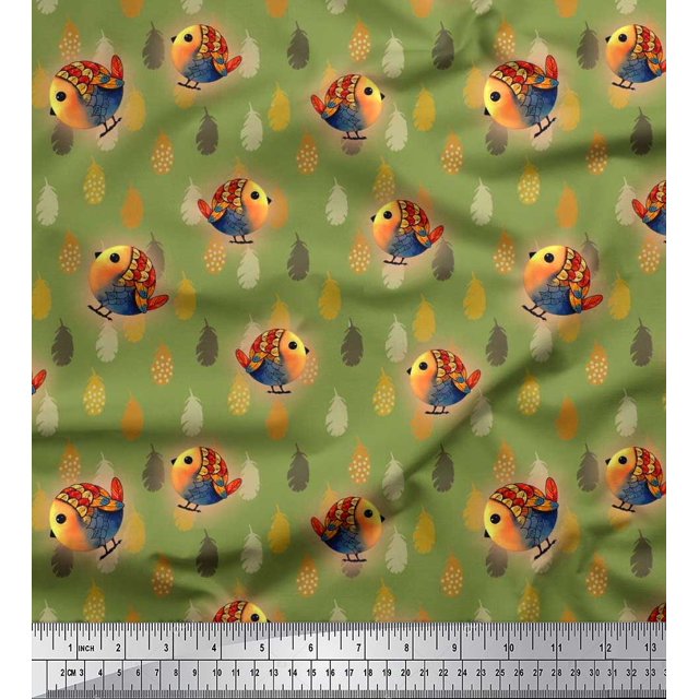Soimoi Polyester Crepe Fabric Feather & Bird Cartoon Fabric Prints by Yard 52 Inch Wide