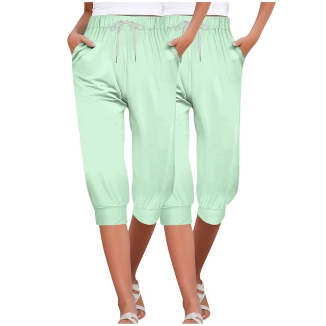 Timegard 2pc Capri Pants for Women Elastic High Waisted Drawstring Comfy Casual Crop Pants with Pockets