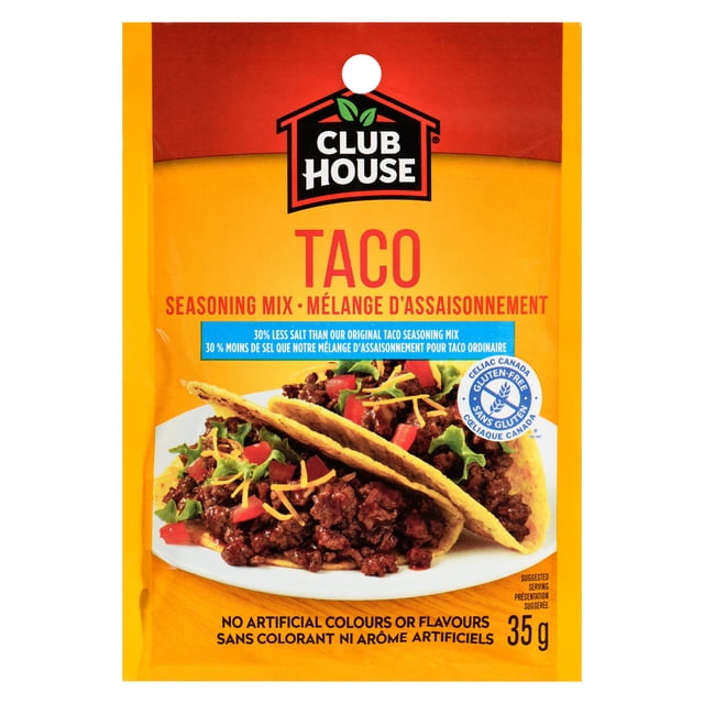 Club House, Dry Sauce/Seasoning/Marinade Mix, Taco, Less Salt, 35g packet with yellow and red packaging featuring two tacos filled with seasoned ground beef, lettuce, diced tomatoes, and shredded cheese on a white plate, gluten-free and free from artificial colours or flavours, suitable for adding flavour with less salt.