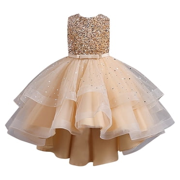 AJIWYH Robe de Demoiselle d'Honneur pour Fille, Élégante en Dentelle, Robe de Baptême et de Mariage, Robes de Fête, Or, 3-4 Ans
