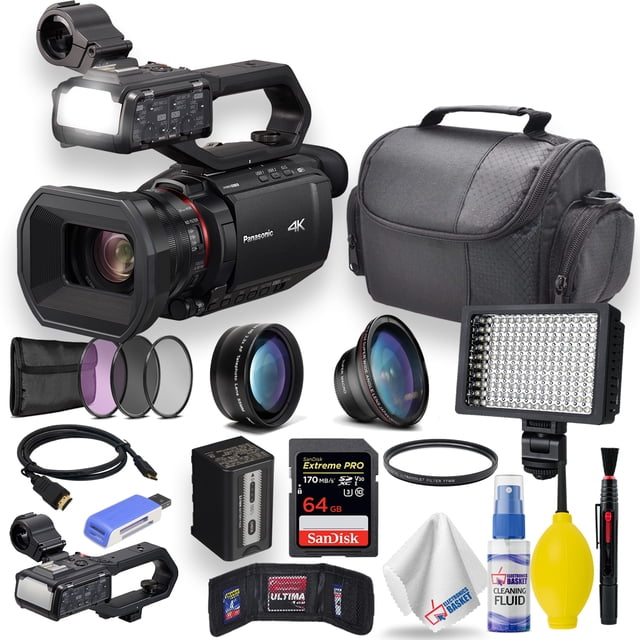 Panasonic HC-X2000 UHD 4K 3G-SDI/HDMI Pro Caméscope avec Zoom 24x, Montré avec un Ensemble Avancé Incluant un Objectif SanDisk Extreme Pro 64 Go, Lumière Vidéo Professionnelle 160 LED, Étui de Transport Souple Rembourré, Trousse de Filtres d'Objectifs 62mm 3 Pcs, Trépied de Table, Brosse Soufflante, Nettoyeur de Stylo pour Objectif, Lecteur de Carte USB 9-en-1, Câble HDMI 2 Mètres, Filtre UV 62mm et Porte-Cartes Mémoire