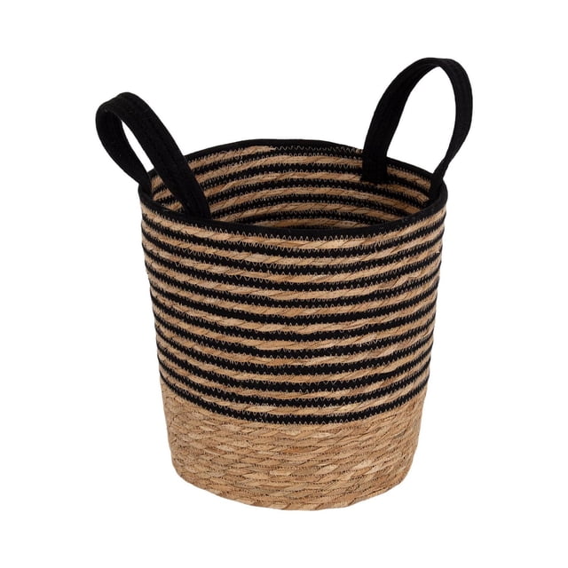 DesignOvation 12"H Black and Natural Striped Basket made of seagrass and polyester with a natural woven base and black horizontal stripes, featuring two black fabric handles, measuring 12 inches diameter by 12 inches high without handles and 16.25 inches high with handles, suitable for storing blankets or larger items.