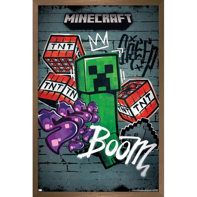 Minecraft - Creeper Do Not Enter Wall Poster, 22.375" x 34" featuring a front-facing pixelated green Creeper with black facial details, surrounded by red TNT blocks labeled 'TNT', graffiti-style purple 'Ssss' and white 'Boom' text, and a pixelated gray explosion on a gray brick wall background, printed on glossy paper with a brown frame, suitable for gaming room or kid's room wall decor.