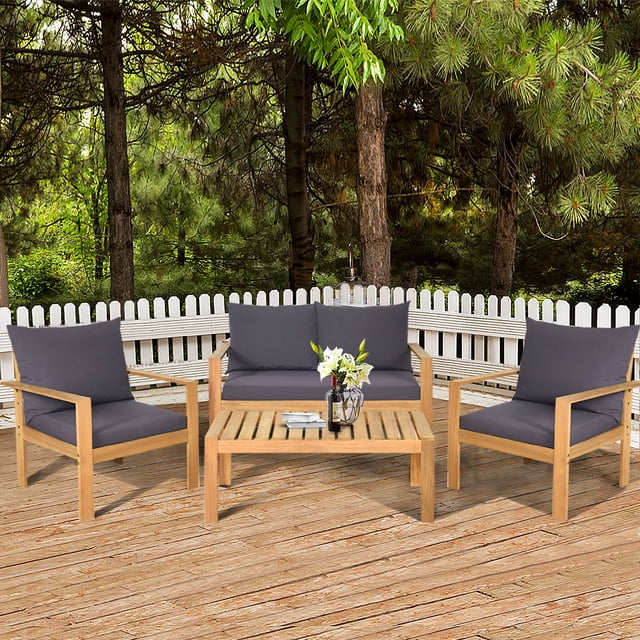 Gymax Ensemble de Conversation en Bois Rembourré 4 Pcs Ensemble de Mobilier de Patio Extérieur
