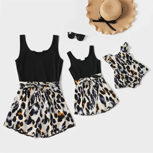 PatPat Black Ribbed U Neck Sleeveless Belted Splicing Leopard Romper for Mom and Me,Sizes Baby-Kids-Adult,One piece, Baby Girl Rompers