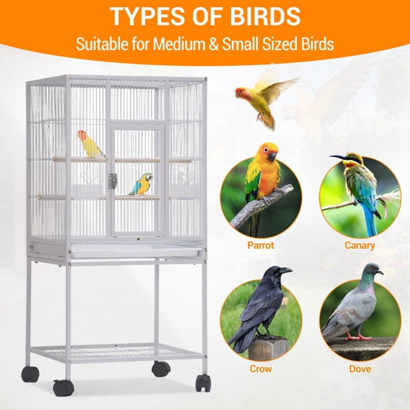 Kojooin 41 in Metal Bird Cage with Rolling Stand and Slide-Out Tray, Large Open Top Parrot Cage for Indoor Use