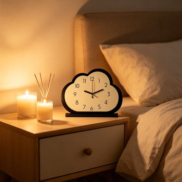 Cloud Shaped Wooden Desk Clock – Silent Non Ticking Minimal Table Clock with Stand for Youth Bedroom Office Home Decor