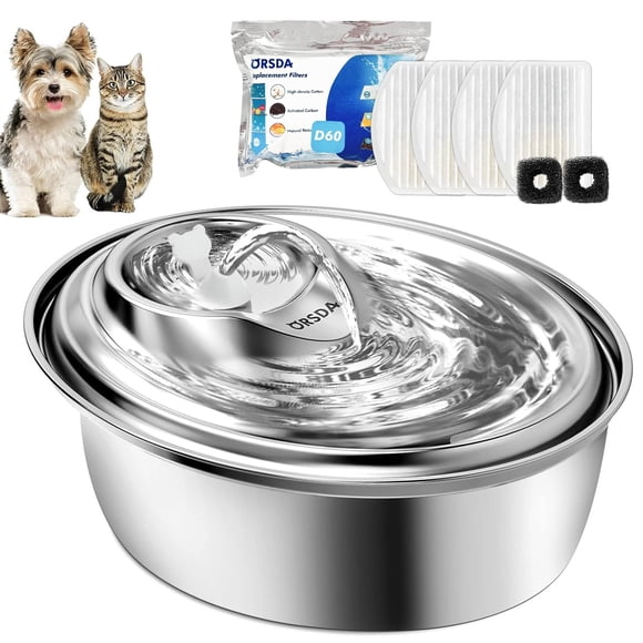 ORSDA Cat Water Fountain Stainless Steel 3L Automatic Pet Drinking Fountain for Cats Inside Dog Water Dispenser with Adjustable Water Flow and 6 Replacement Filters for Cats Dogs