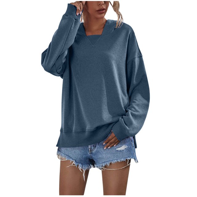IROINID T-Shirt à Manches Longues en Polyester Réduit pour Femmes, Sweat à Capuche Uni, Hauts Blouse Ample, Marine