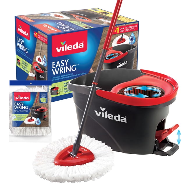 Vileda EasyWring Système de Vadrouille Rotative avec 1 Recharge de Tête Supplémentaire / Tête de Vadrouille Lavable à la Machine et Réutilisable / Seau de Vadrouille à Essorage Mains Libres / Extenda