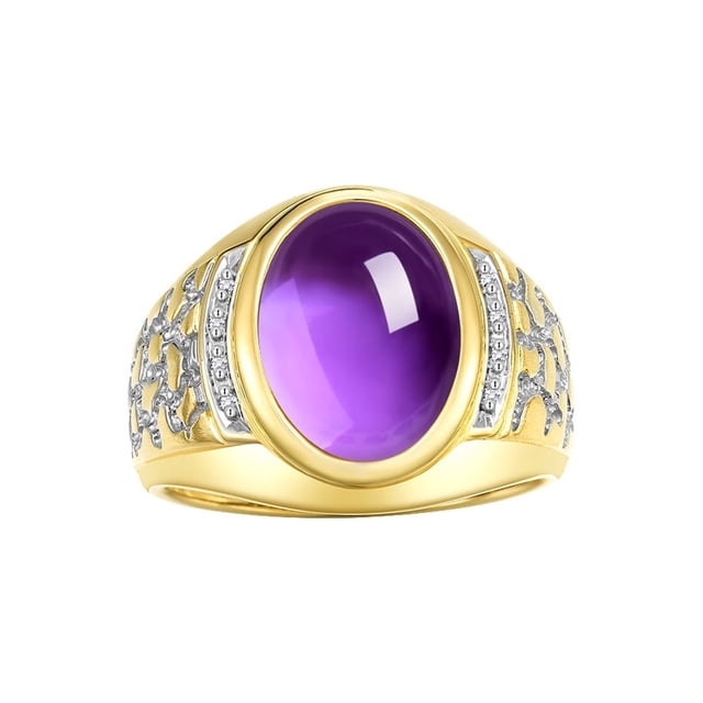 RYLOS Men's Rings 14K Yellow Gold Nugget Ring with Cabochon Gemstone & Diamonds Amethyst Rings For Men Size 8