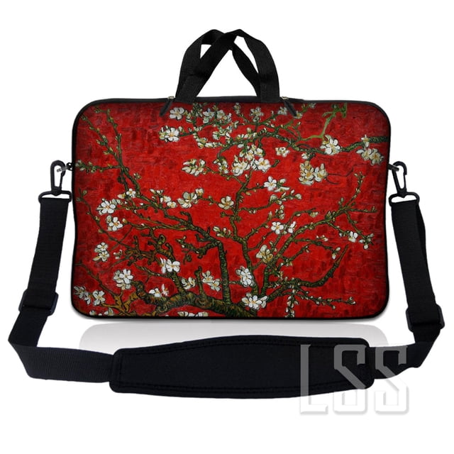 Sac Pochette pour Ordinateur Portable en Néoprène 14 - 14,9 Pouces, Étui de Transport avec Poignée et Bandoulière Ajustable - Amandiers Rouges