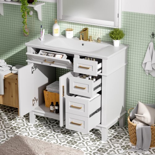 36" White Modern Bathroom Vanity with Ceramic Sink, Soft Close Doors, 4 Drawers for Storage