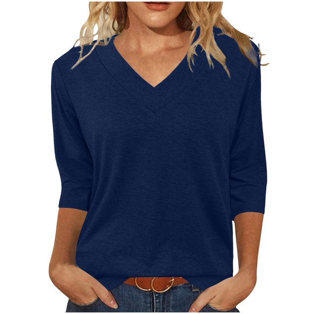 Amzcrzy Hauts pour Femmes Mode Manches 3/4 Hauts d'Été pour Femmes Couleur Unie Col Rond Hauts de Sortie Décontractés Confortables Hauts de Printemps T-Shirts