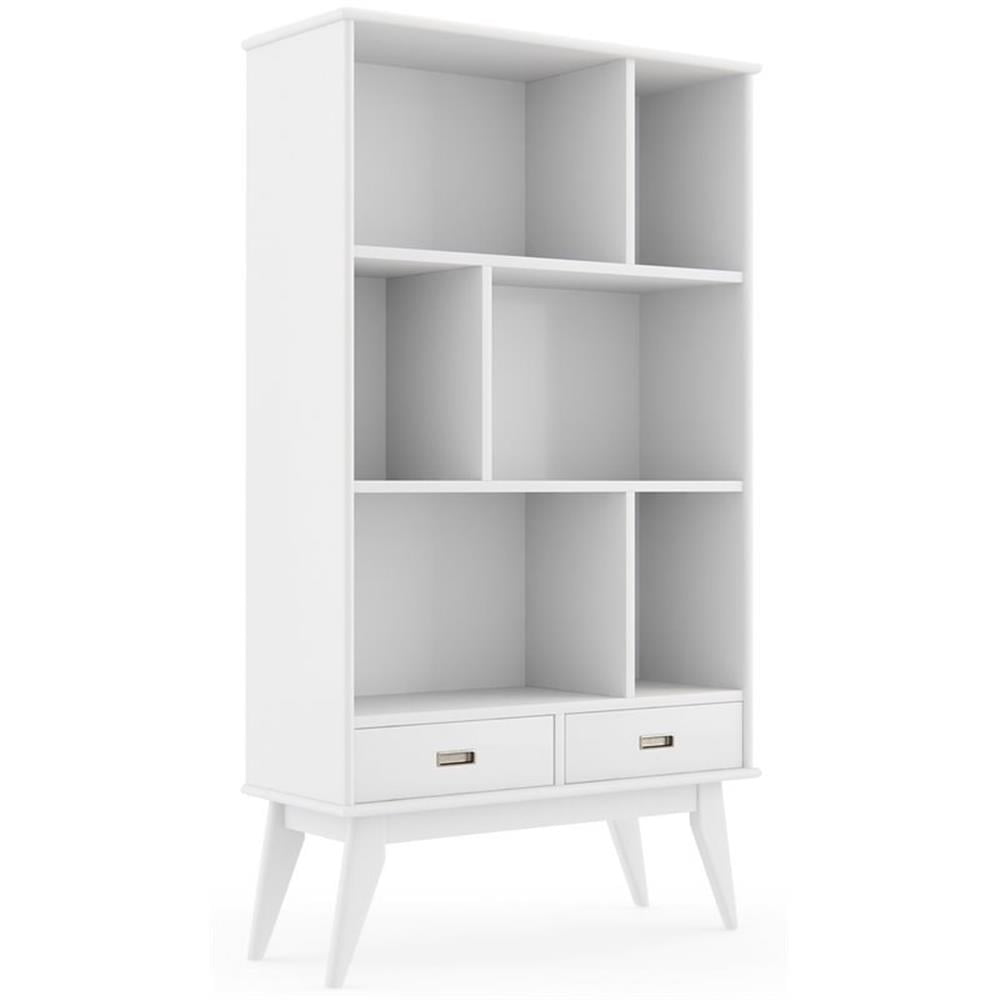Simpli Home Draper en Bois Dur Massif 64 Pouces x 35 Pouces Bibliothèque et Unité de Rangement de Style Mi-Siècle Moderne en Blanc