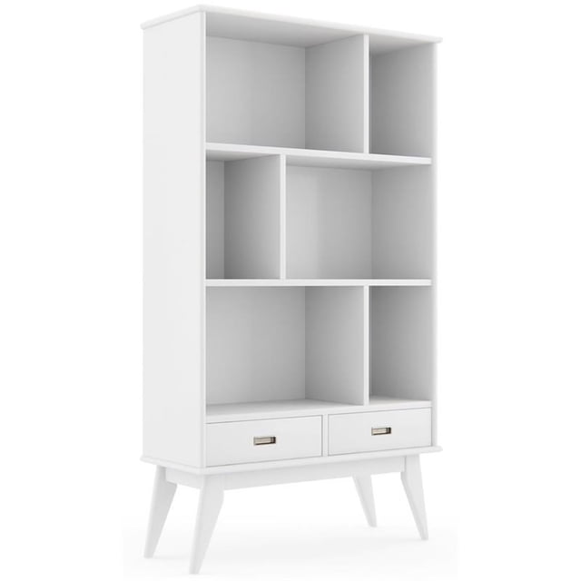 Simpli Home Draper Solid Hardood 64 " x 35 " Mid-Century Modern Bookcase and Storage Unit in White