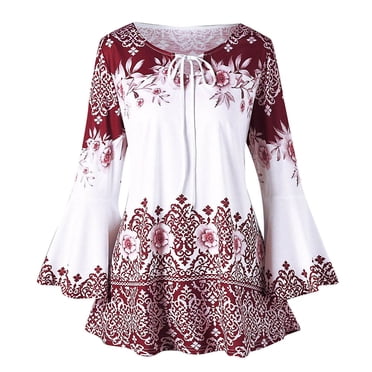Leutsin Womens Plus Size Printed Flare Sleeve Plus Size Plus Size Tops Blouses Keyhole T-Shirts