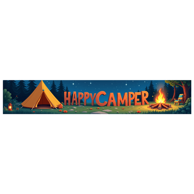 Forest Design Happy Camper Tent Banner Campfire Nature Scene for Outdoor Adventure Camping Event