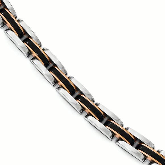 Stainless Steel Polished w/Black & Rose IP-plated 8.5in Link Bracelet 8.5 Inch "Bracelets