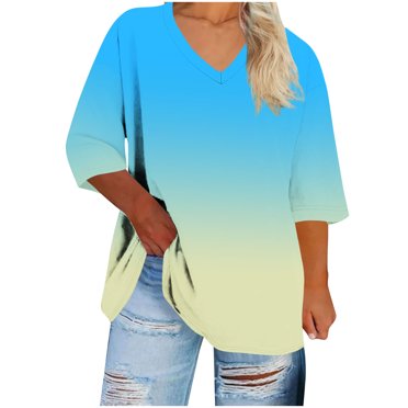 cfhntfmh T-Shirts pour Femmes Grande Taille T-Shirts Surdimensionnés Manches 3/4 T-Shirts d'Été Tunique à Col en V Hauts Mode Vêtements de Plage Vacances