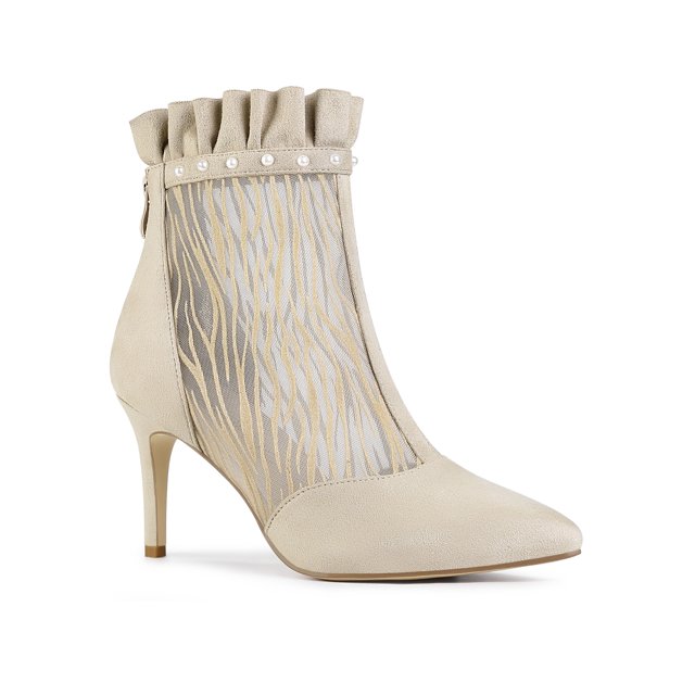 Unique Bargains Women's Mesh Stiletto High Heels Ruffle Prom Ankle Boots Beige 7.5