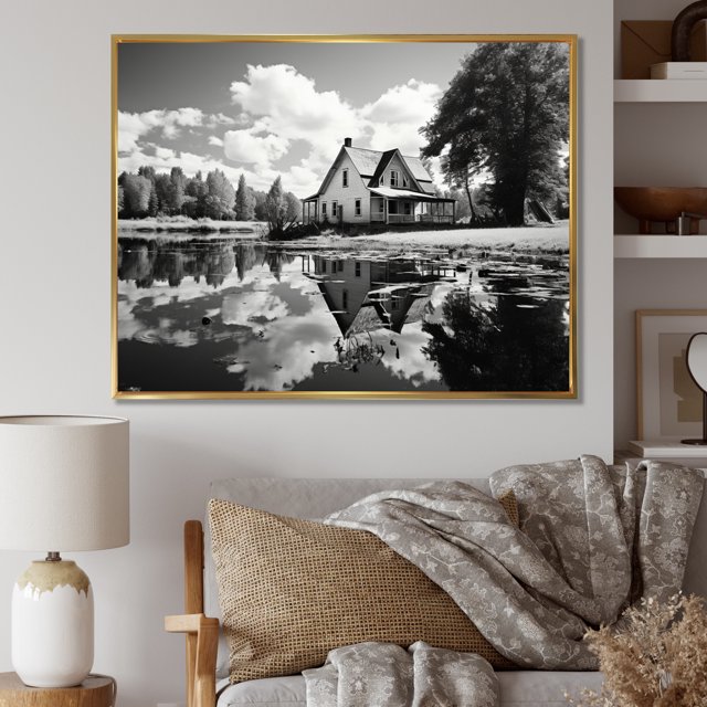 Designart Farm framed wall art decor, Farm framed wall Art, Reflecting on Rural Life at the Farmhouse , Extra large Country Gold framed wall art, 44x34 inches Gold Frame