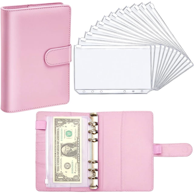 PU Leather Notebook Binder Budget Planner Binder Cover with 12 Pieces Binder Pocket Personal Cash Budget Envelopes System 6 Hole Binder Zipper Folder(Pink)