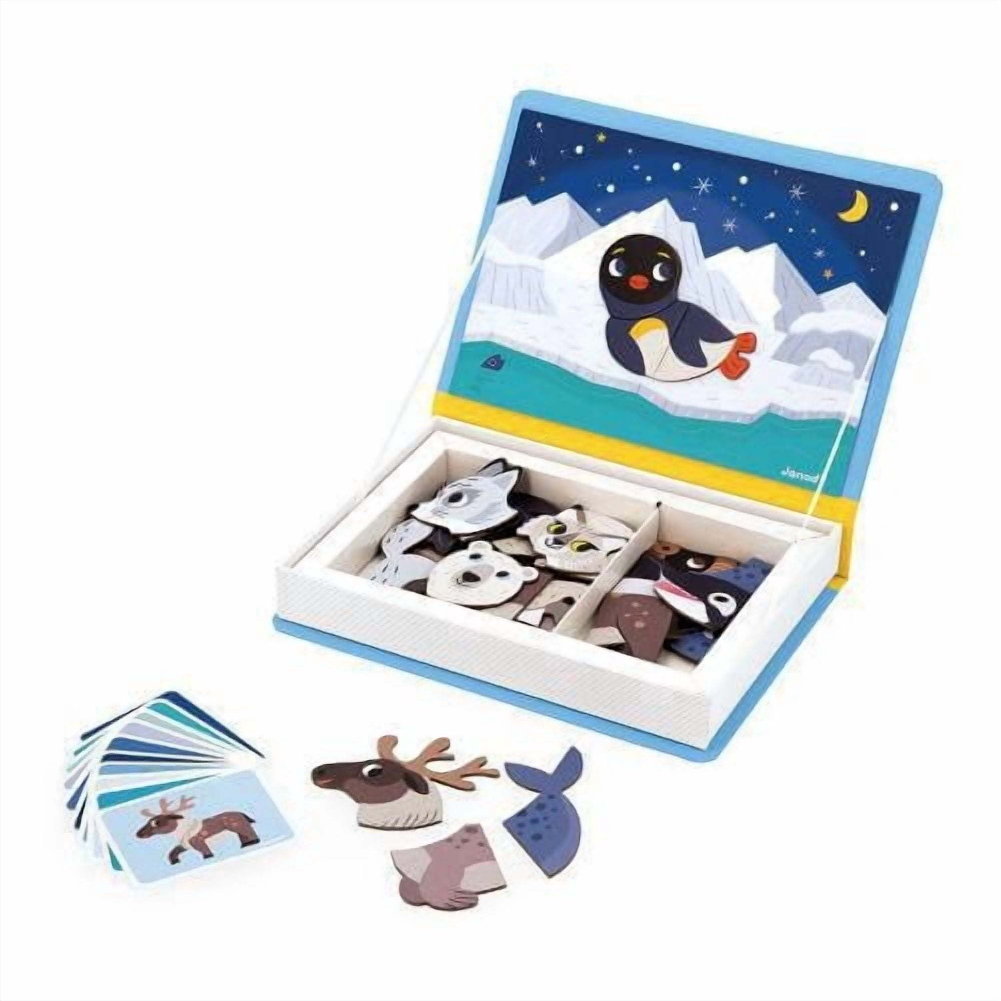 Janod - Magnéti'Book Animaux Polaires - Jeu éducatif magnétique 30 aimants + 10 modèles - Jouet pour enfants en carton FSC - Développe la motricité fine et l'imagination - Adapté aux enfants à partir