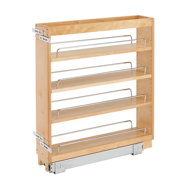 Rev-A-Shelf 448-BC-5C 5 Inch Pull-Out Kitchen Cabinet Organizer Spice Rack made of natural maple wood with a semi-gloss finish. Features 3 adjustable shelves with chrome accent rails and a full-extension ball-bearing slide system. Designed to fit into full-height 9-inch cabinets with a 5.5-inch opening. Includes adjustable door mount brackets and mounting hardware for easy installation.
