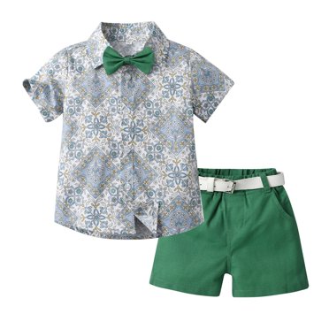 Shorts pour Bébé Garçon 12-18 Mois Été Vêtements pour Enfants Garçons Chemise à Manches Courtes à Col à Revers Ensemble de Shorts avec Ceinture et Cravate Ensemble de Shorts pour Bébé Garçon