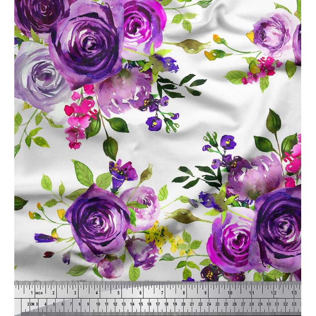 Soimoi Rayon Fabric Leaves & Rose Flower Decor Fabric Printed Yard 56 Inch Wide