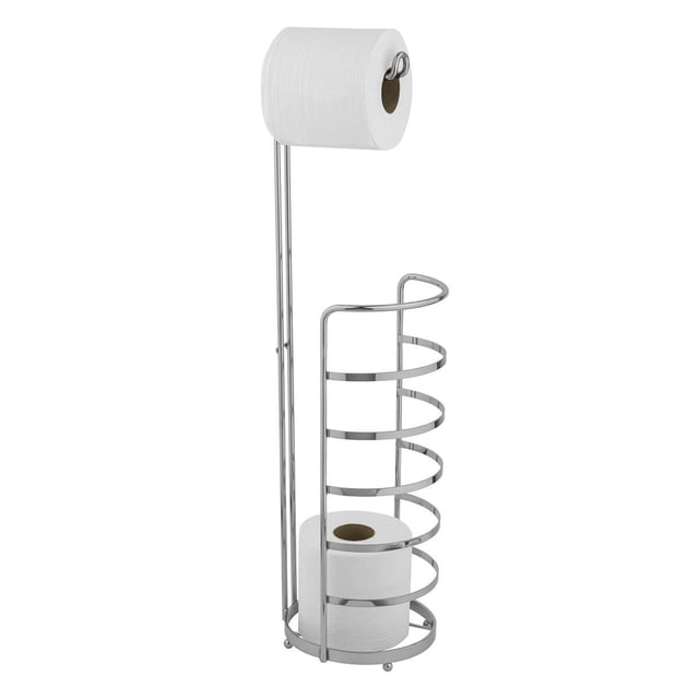 era Tosh Toilet Paper Holder Chrome with a free-standing metal frame in chrome finish, holding one roll on a vertical rod and storing up to three extra rolls in a spiral holder, measuring 6.42 inches by 23 inches, ideal for bathroom organization.