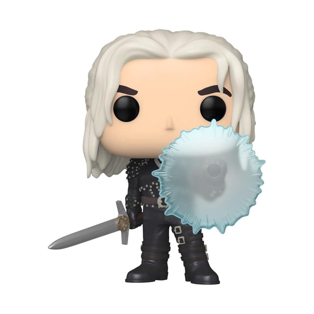 Funko Pop! TV: Witcher S2 - Geralt shield - Vinyl Figure features a front-facing Geralt with white hair and black studded armor, holding a silver sword in his right hand and a translucent blue magical shield in his left, standing on a white background. This 3.75-inch collectible is ideal for enhancing any Witcher action figure display.