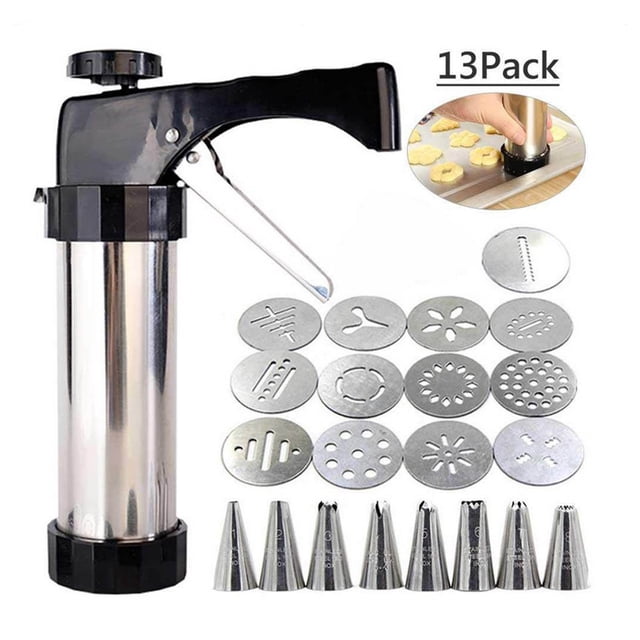 Rvkxad Stainless Steel Decorating Gun Set featuring a durable stainless steel body with a black ergonomic handle. Includes 13 flower-shaped embossing discs and 8 interchangeable nozzles for cake, cookie, and cream decoration. The set is designed for easy use and cleaning, making it ideal for home baking enthusiasts.