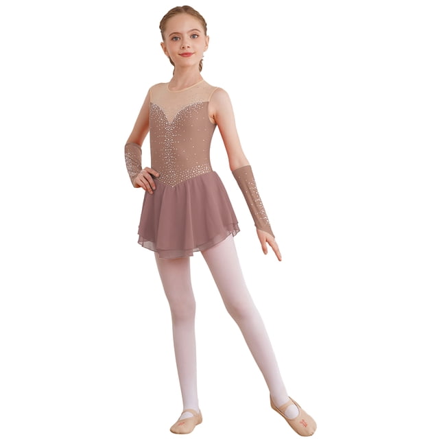 Raenseen Robe de Danse de Patinage Artistique Sans Manches pour Filles Enfants avec Strass, Justaucorps de Ballet et de Gymnastique avec Gants Rose Poudré 14