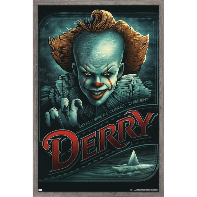 IT - Pennywise Derry Affiche Murale, 14,725 Pouces x 22,375 Pouces Encadrée Représentant Pennywise aux Cheveux orange Vif et à la Peau Bleu Pâle Fissurée, Tendant vers l'Avant avec des Doigts Griffés. l'Arrière-plan Sombre Comprend le Texte « Avez-Vous le courage de Revenir? » Au‐dessus du Grand Lettrage Rouge « Derry » et d'Un Bateau en Papier Étiqueté « S.S. Georgie » Flottant sur l'Eau