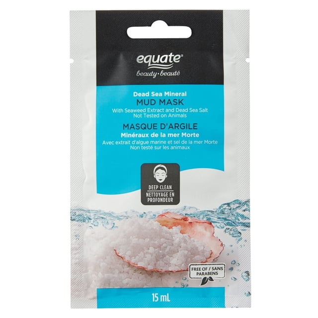 Masque de Boue Minérale de la Mer Morte avec Extrait d'Algue et Sel de la Mer Morte par Equate Beauty, sachet de 15 ml pour un Soin facial Nettoyant en Profondeur, avec Texte Bilingue Anglais et Français, Formule Sans Parabènes et Images de Cristaux de Sel de Mer avec Éclaboussures d'Eau sur l'Emballage.